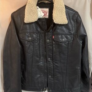 Levi's Black Faux Leather Bomber Jacket with Cream Sherpa Collar